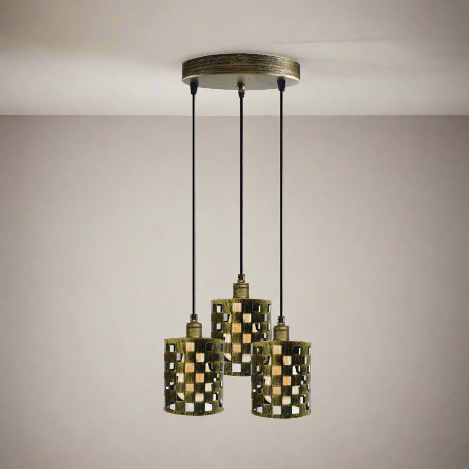 Industrial Retro 3-Way Metal Cage Pendant Light, Round Ceiling Base E27 Fixture