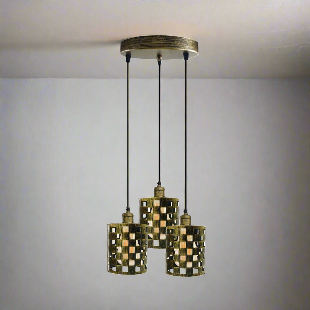 Industrial Retro 3-Way Metal Cage Pendant Light, Round Ceiling Base E27 Fixture