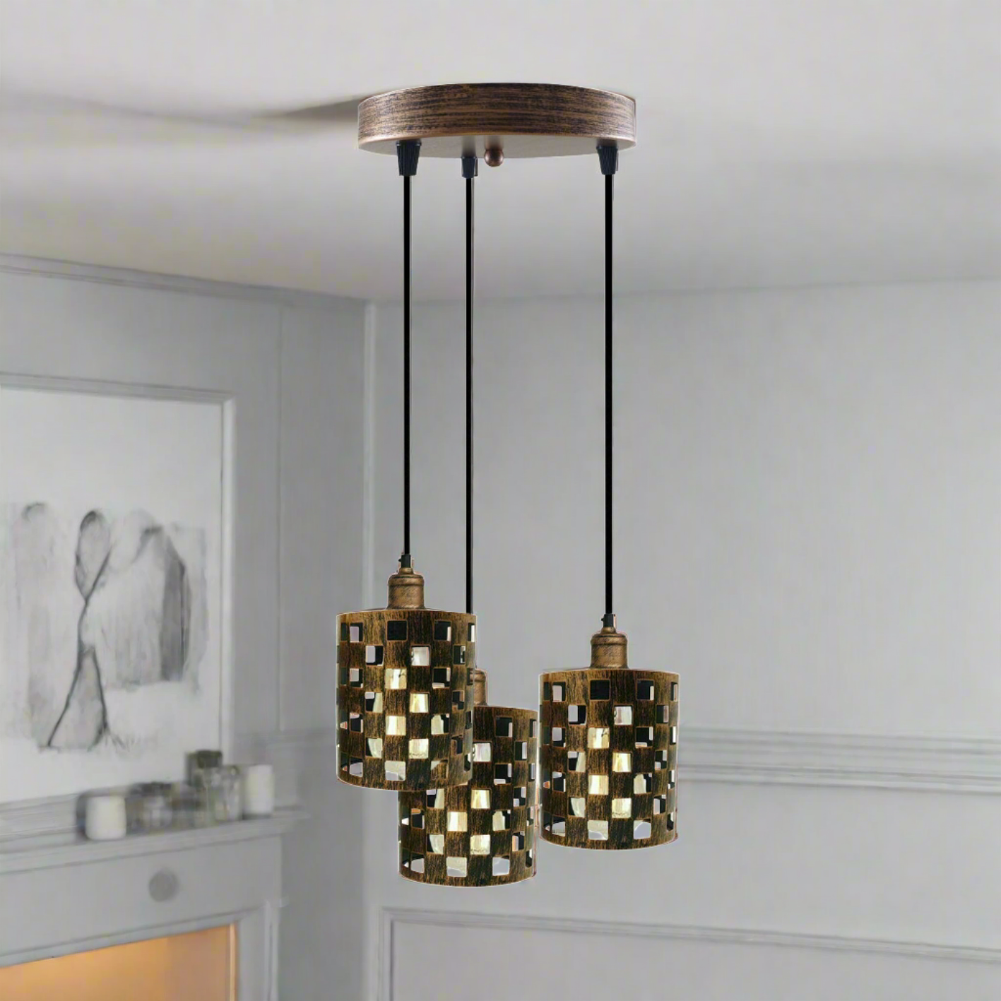 Industrial Retro 3-Way Metal Cage Pendant Light, Round Ceiling Base E27 Fixture