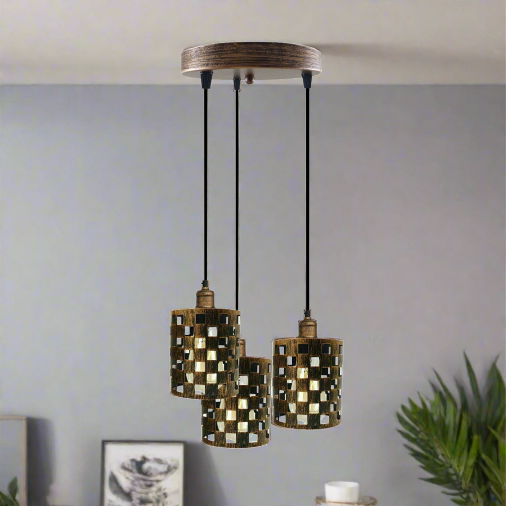 Industrial Retro 3-Way Metal Cage Pendant Light, Round Ceiling Base E27 Fixture