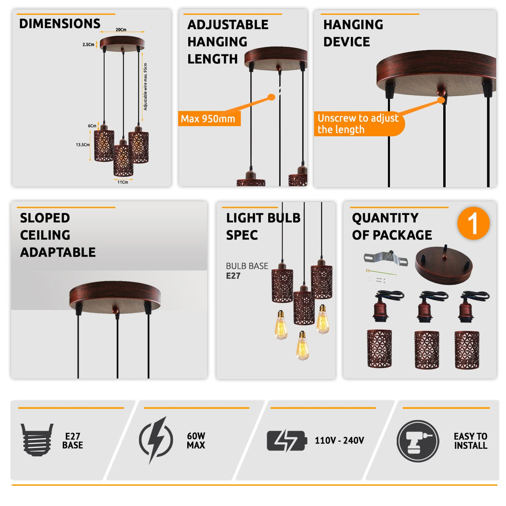 Industrial Retro 3-Way Metallic Round Ceiling Pendant Light Shades Kit