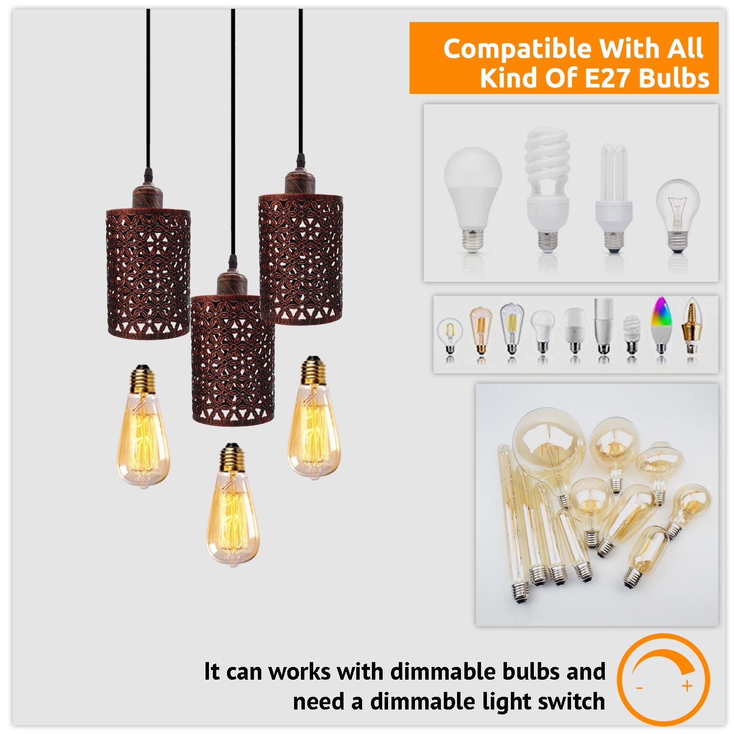 Industrial Retro 3-Way Metallic Round Ceiling Pendant Light Shades Kit