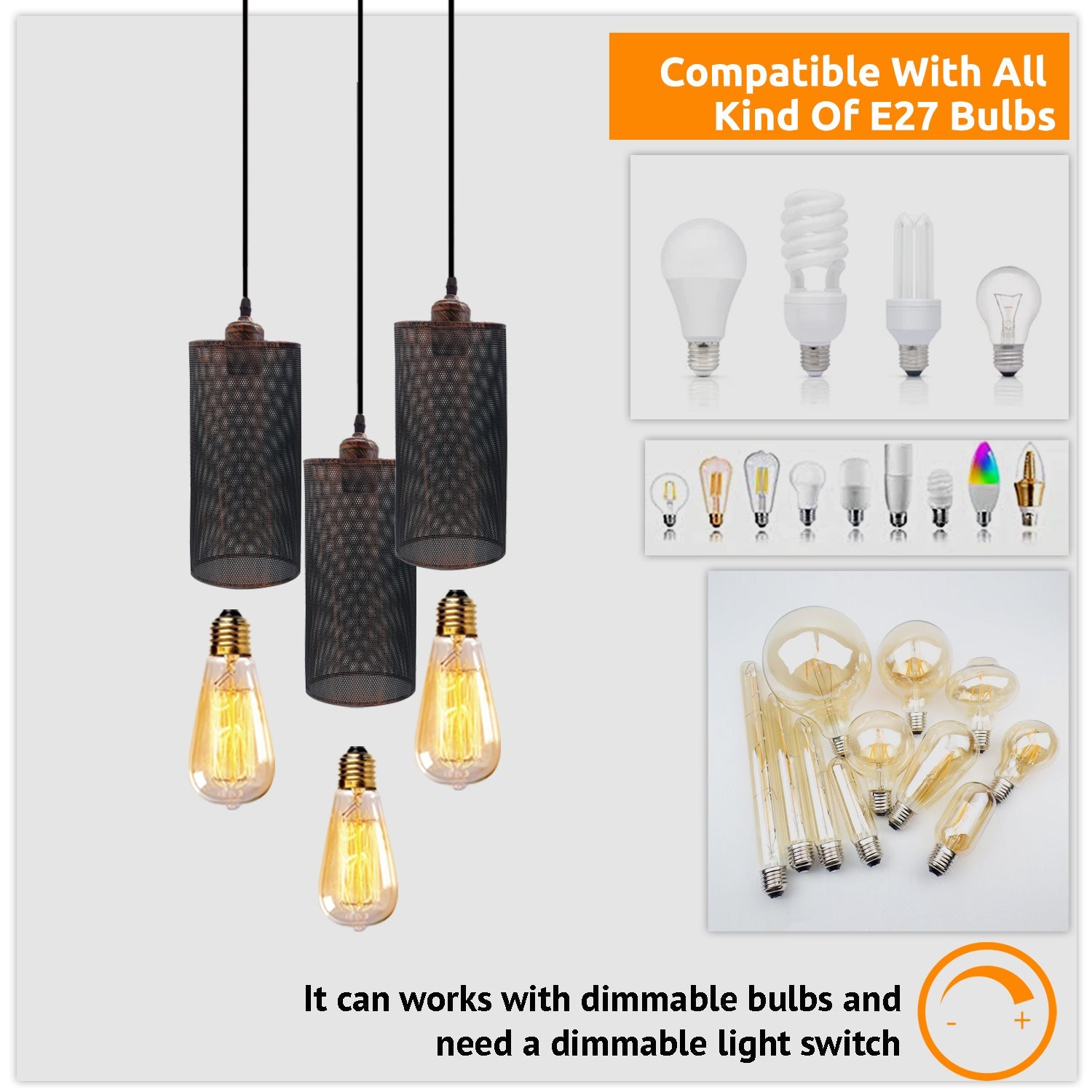 Industrial Retro 3-Way Round Cage Ceiling Pendant Light Fixture E27