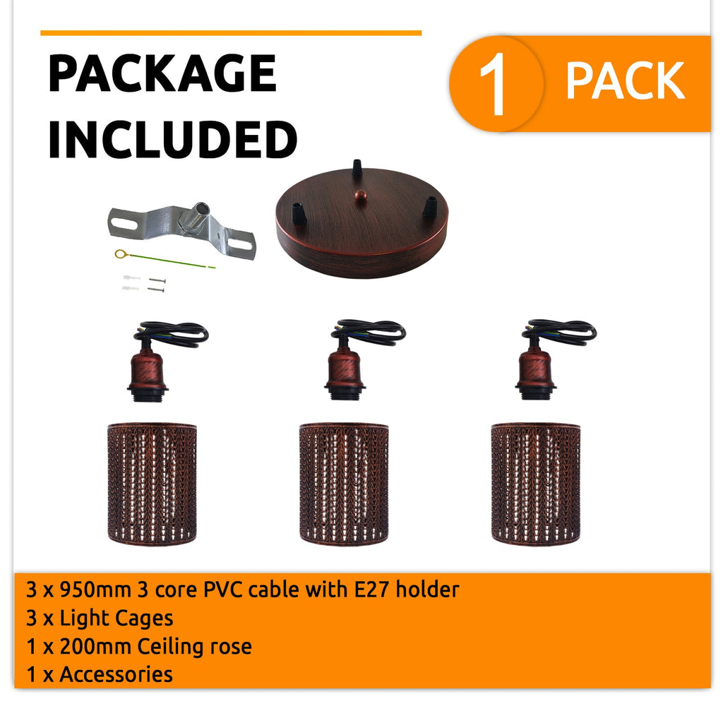 Industrial Vintage Retro 3 way Round Rustic Red ceiling Pendant Cage~3985