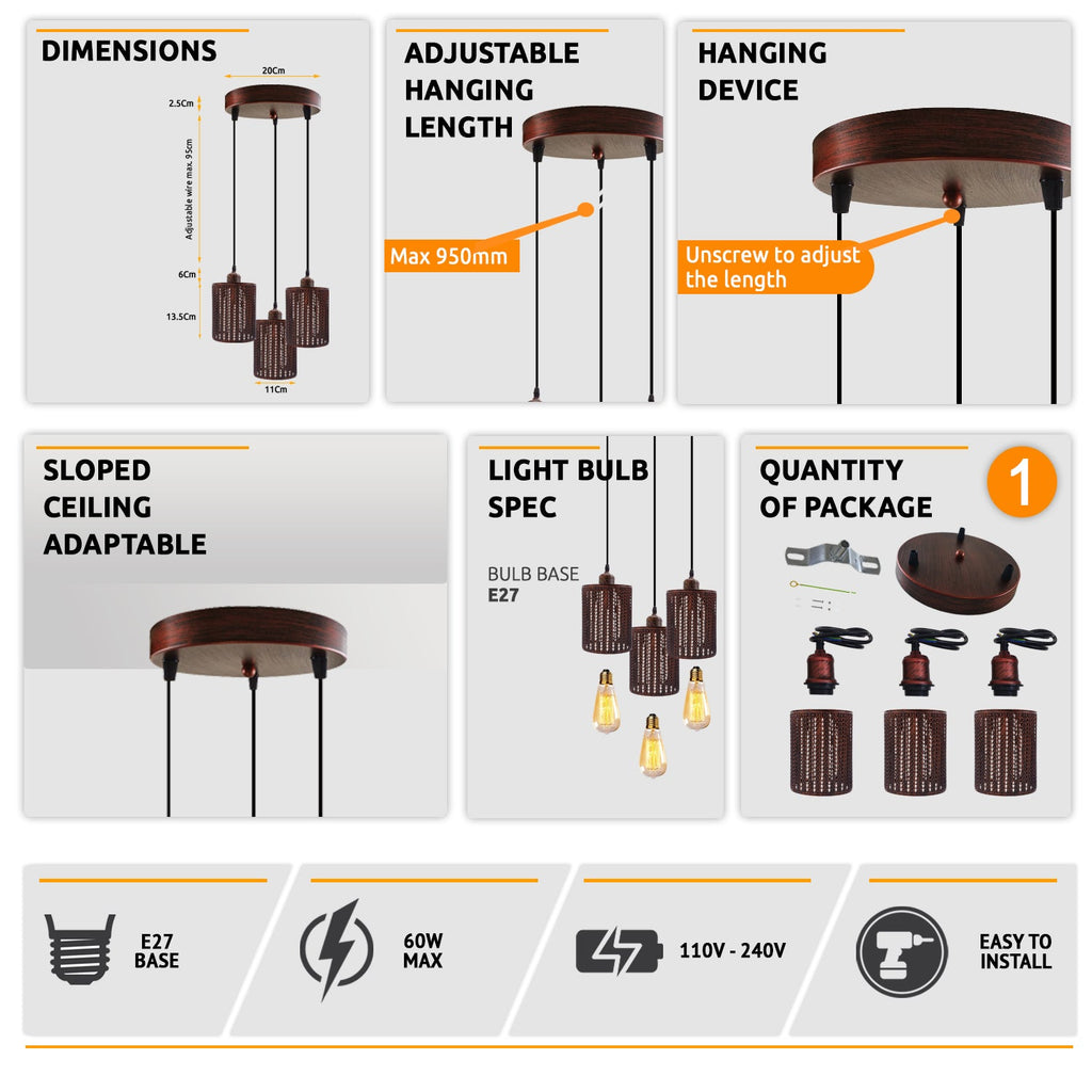 Industrial Vintage Retro 3 way Round Rustic Red ceiling Pendant Cage~3985