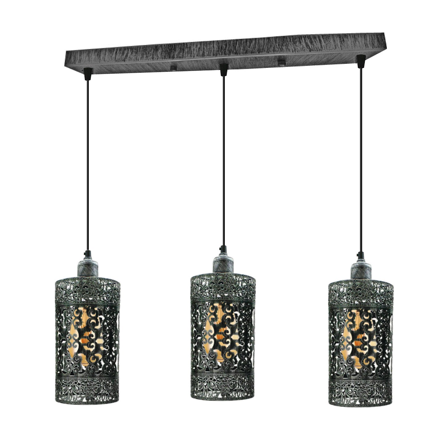 Industrial Retro 3-Way Pendant Light Rectangle Ceiling Base E27 Metal Shades
