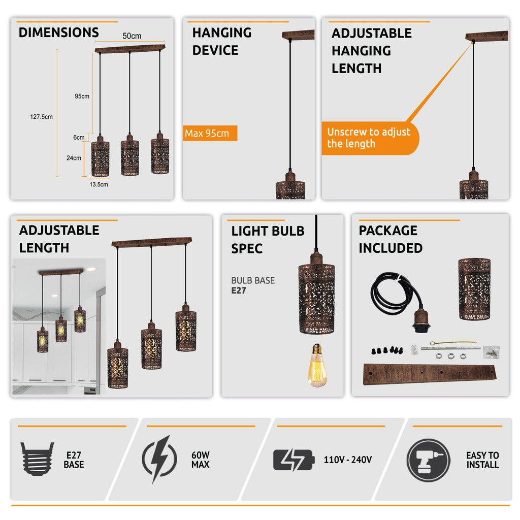 Industrial Retro 3-Way Pendant Light Rectangle Ceiling Base E27 Metal Shades