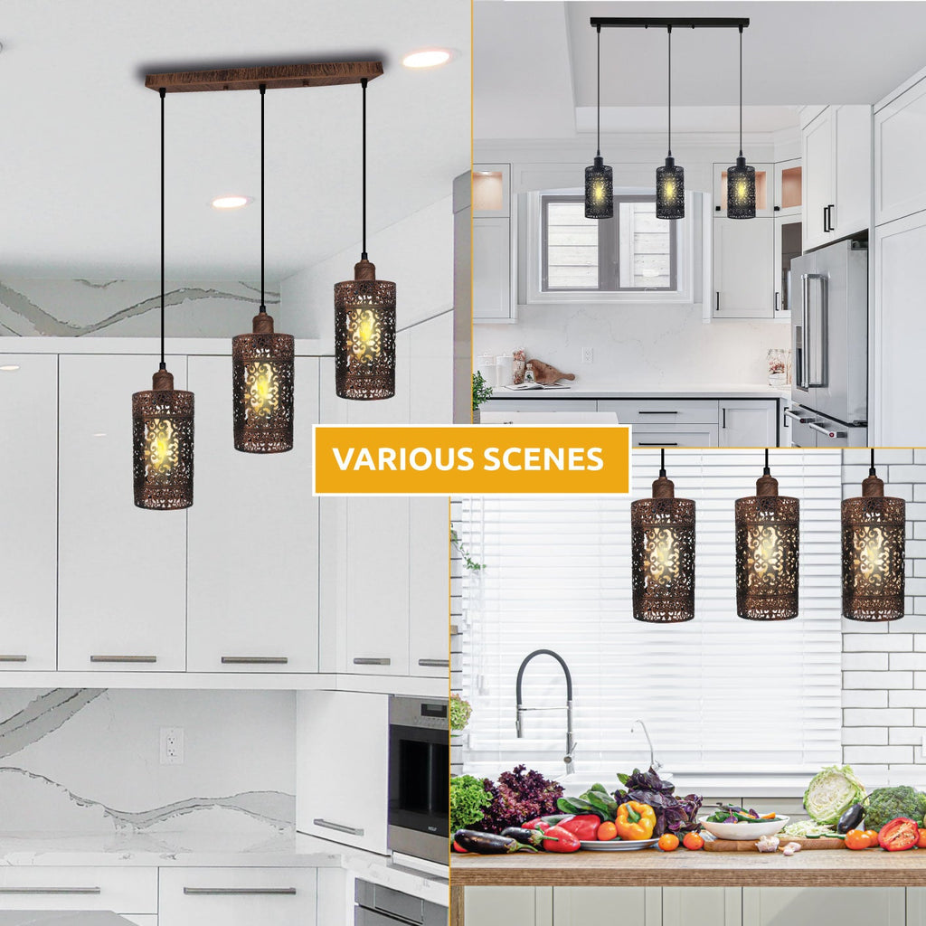 Industrial Retro 3-Way Pendant Light Rectangle Ceiling Base E27 Metal Shades