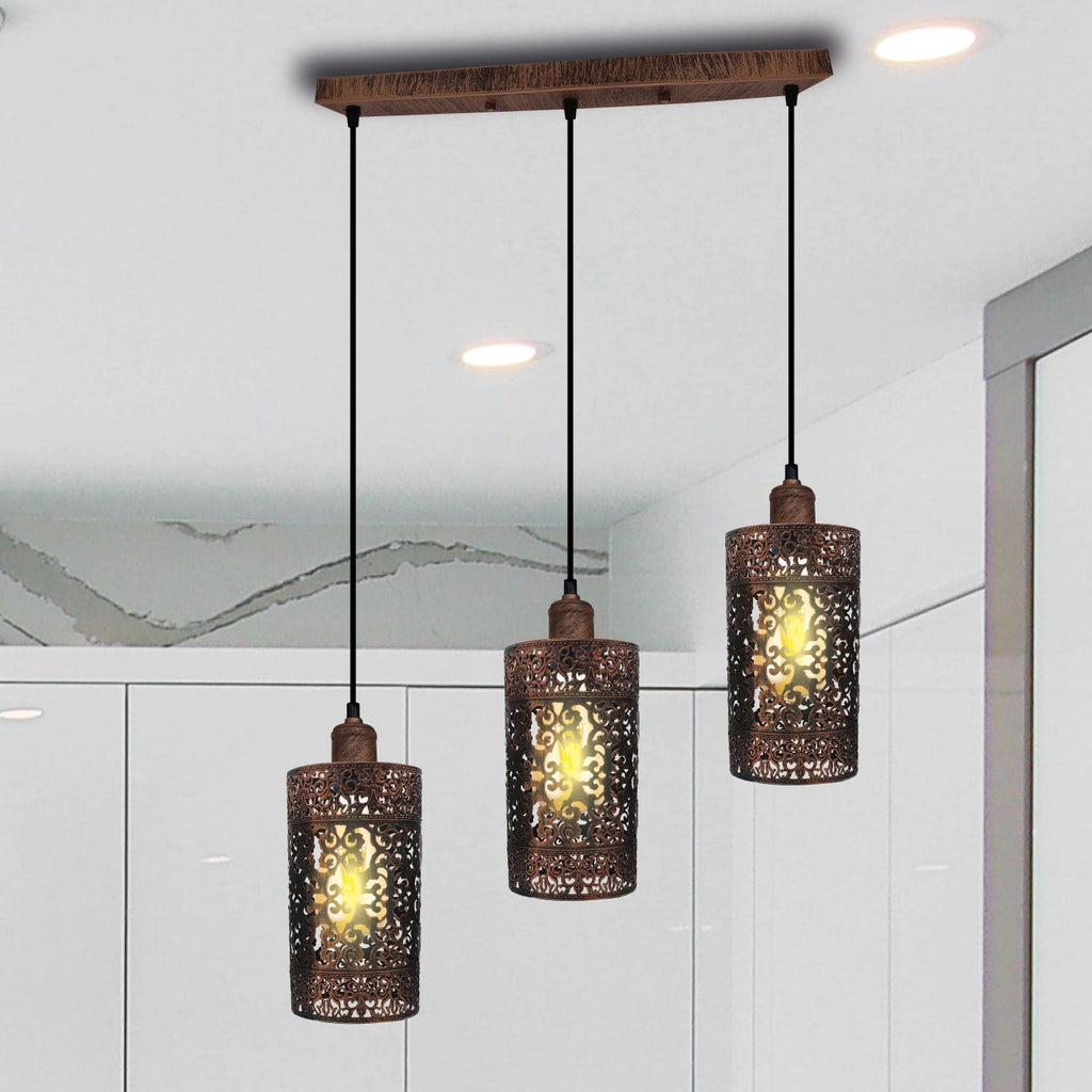 Industrial Retro 3-Light Pendant Fixture Metal Cage Shades Adjustable Wire