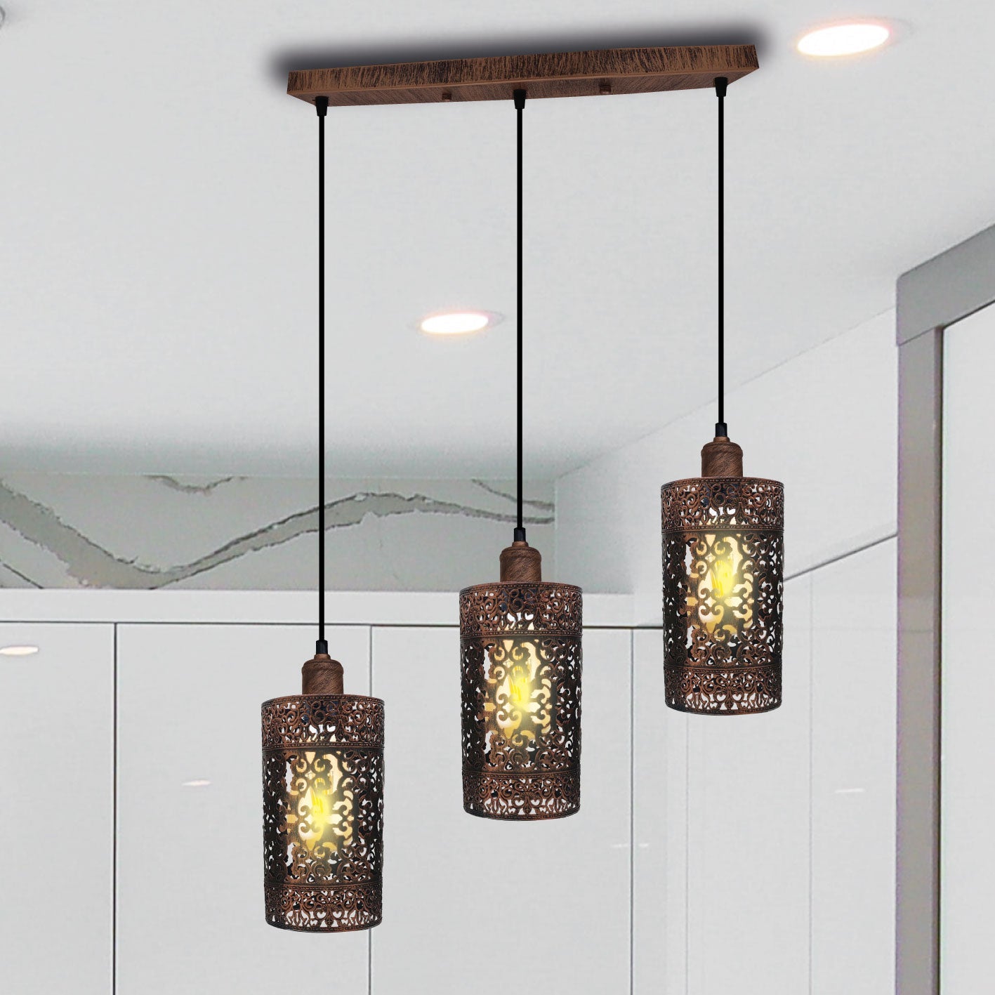 Industrial Retro 3-Light Pendant Fixture Metal Cage Shades Adjustable Wire