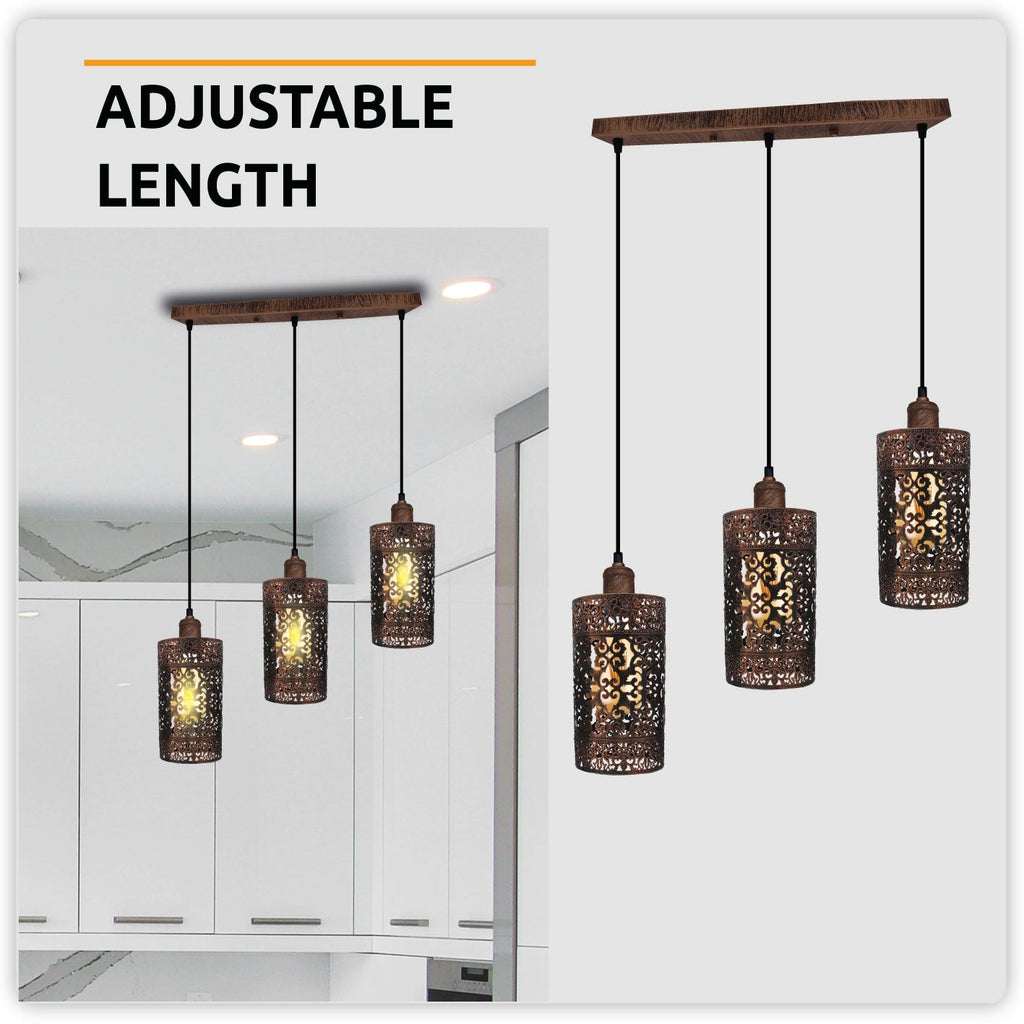Industrial Retro 3-Light Pendant Fixture Metal Cage Shades Adjustable Wire