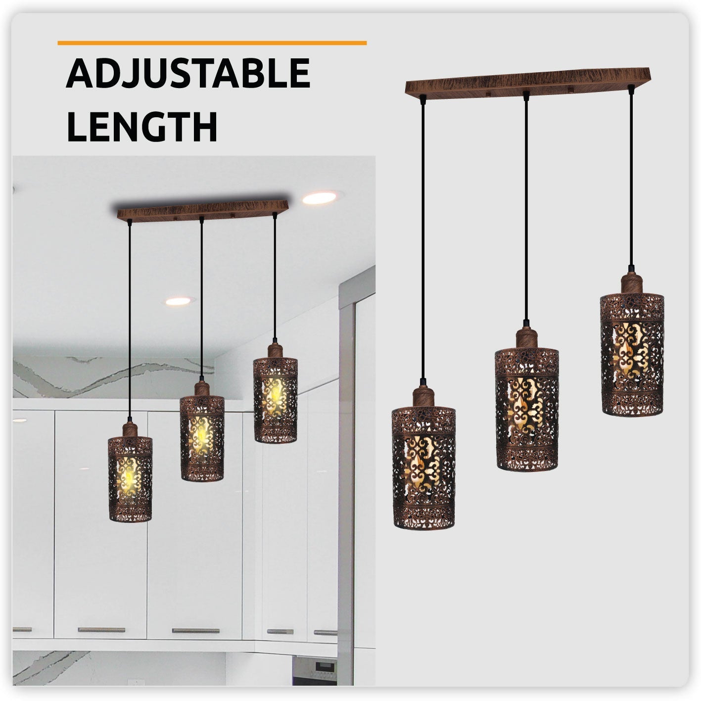 Industrial Retro 3-Way Pendant Light Rectangle Ceiling Base E27 Metal Shades
