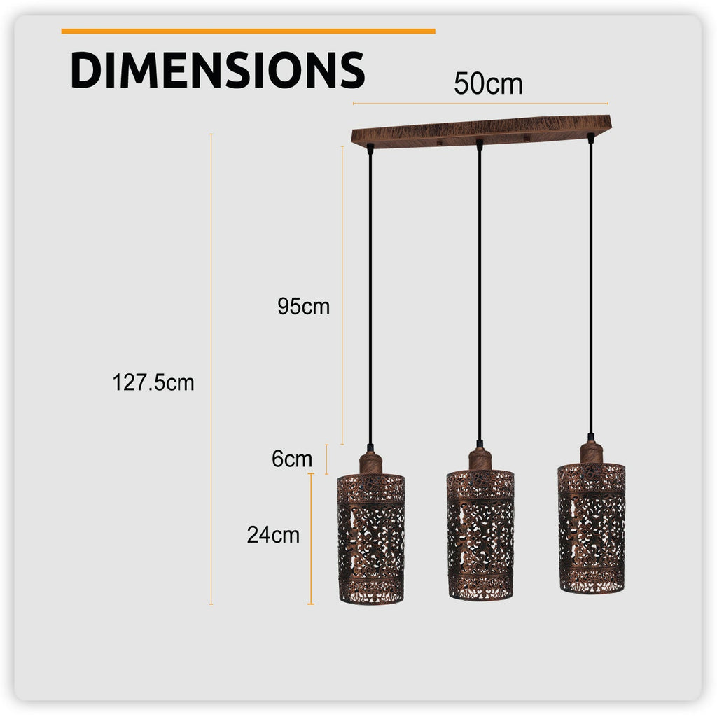Industrial Retro 3-Way Pendant Light Rectangle Ceiling Base E27 Metal Shades