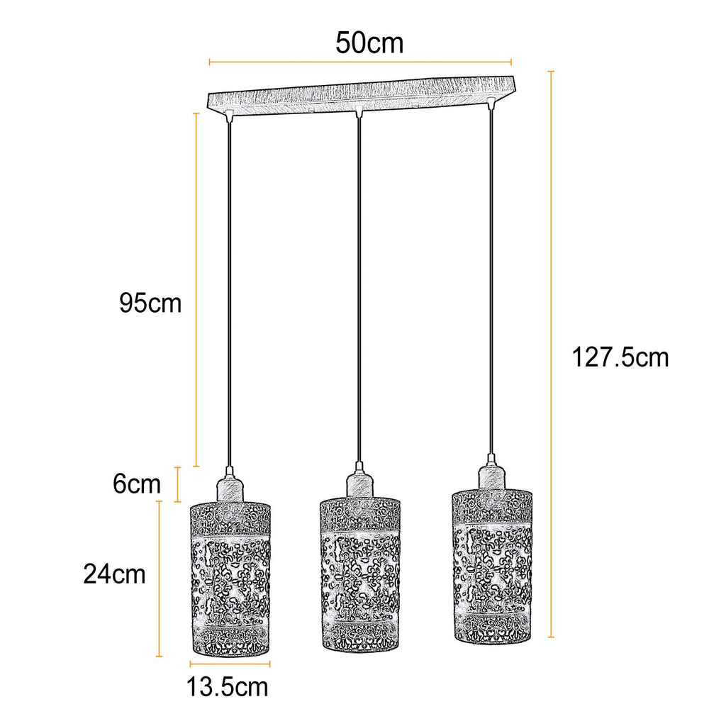 Industrial Vintage 3-Way Rectangle Brushed Copper Cage Pendant Ceiling Light