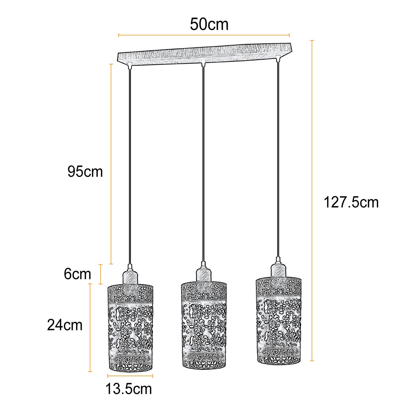 Industrial Vintage 3-Way Rectangle Brushed Copper Cage Pendant Ceiling Light