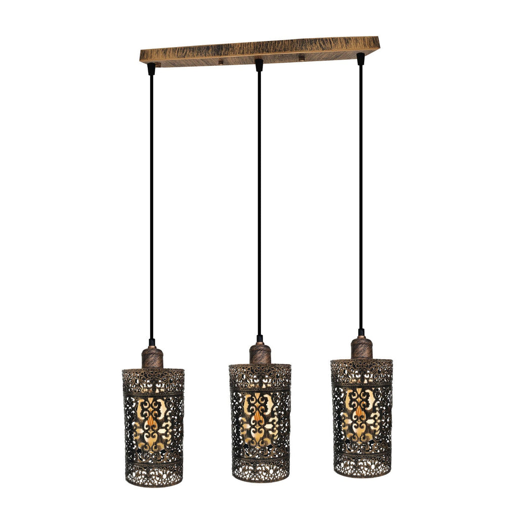 Industrial Vintage 3-Way Rectangle Brushed Copper Cage Pendant Ceiling Light