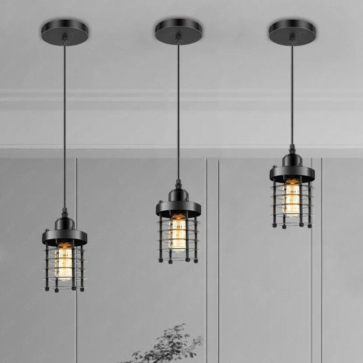 Modern Industrial Black Cage Pendant Light with Adjustable Cord E27 Base