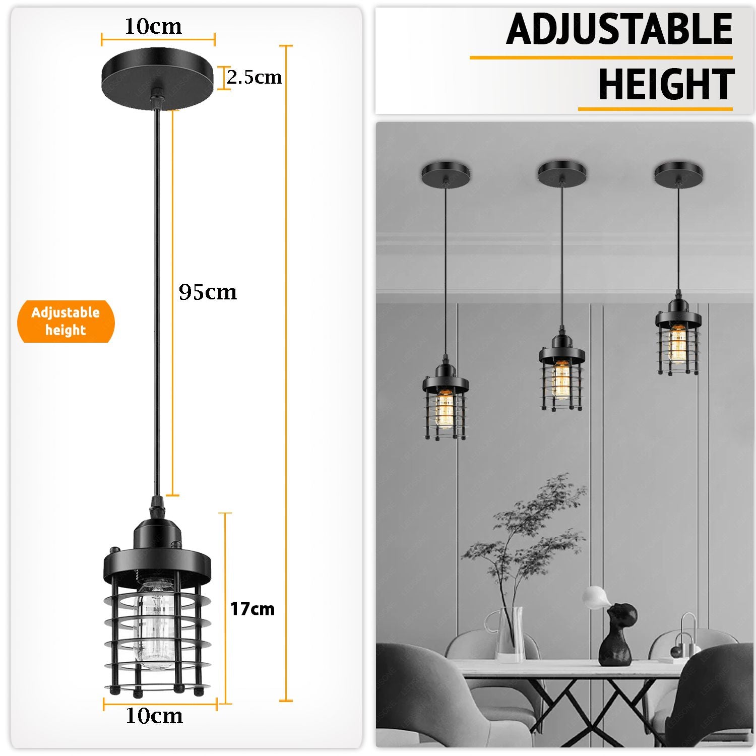 Modern Industrial Black Cage Pendant Light with Adjustable Cord E27 Base