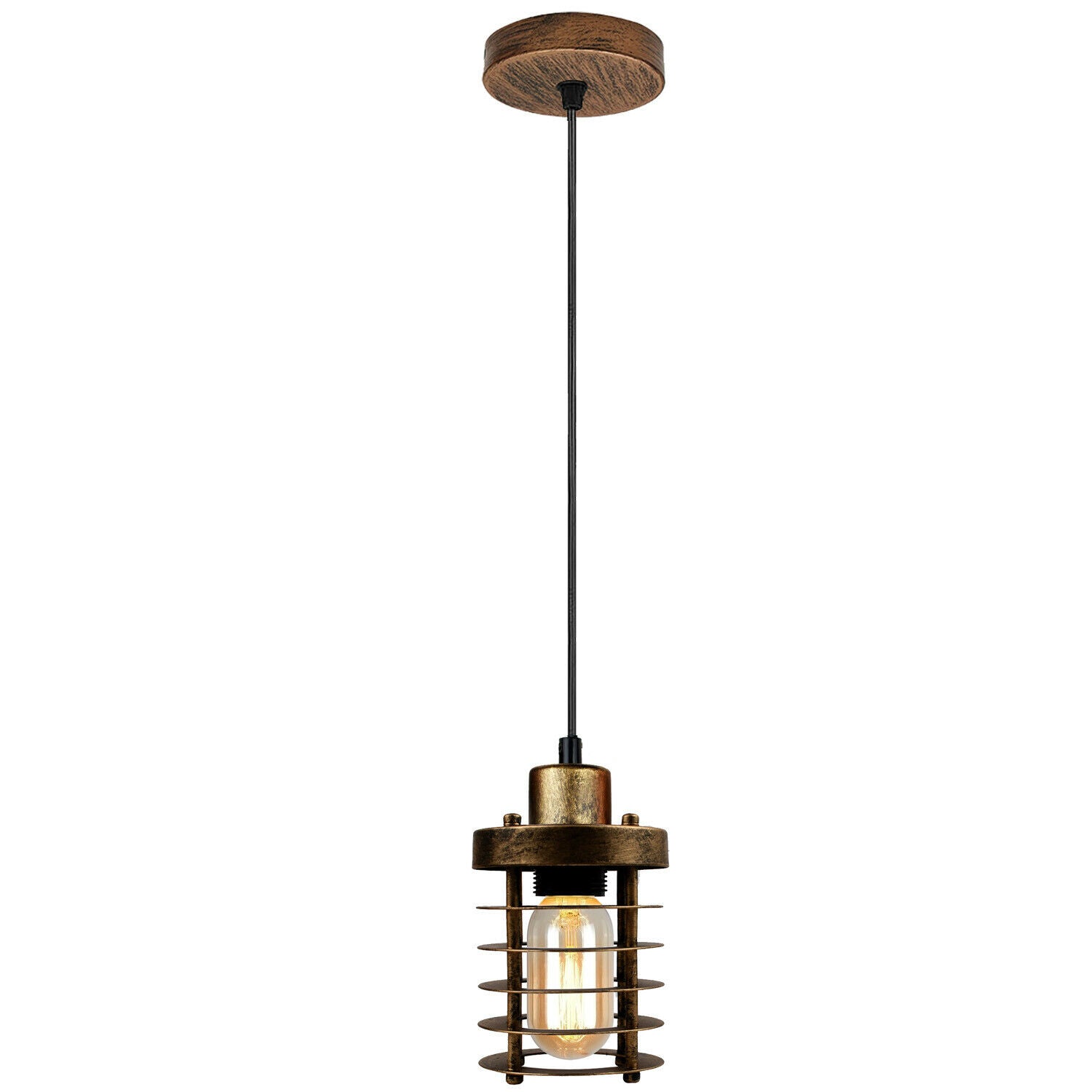 Modern Industrial Brushed Copper Cage Pendant Light, Adjustable Cord, Loft Style