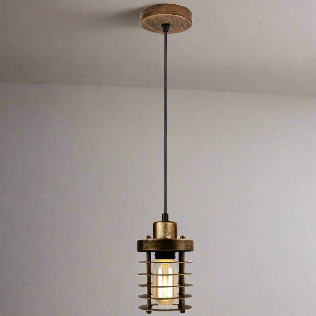 Modern Industrial Brushed Copper Cage Pendant Light, Adjustable Cord, Loft Style