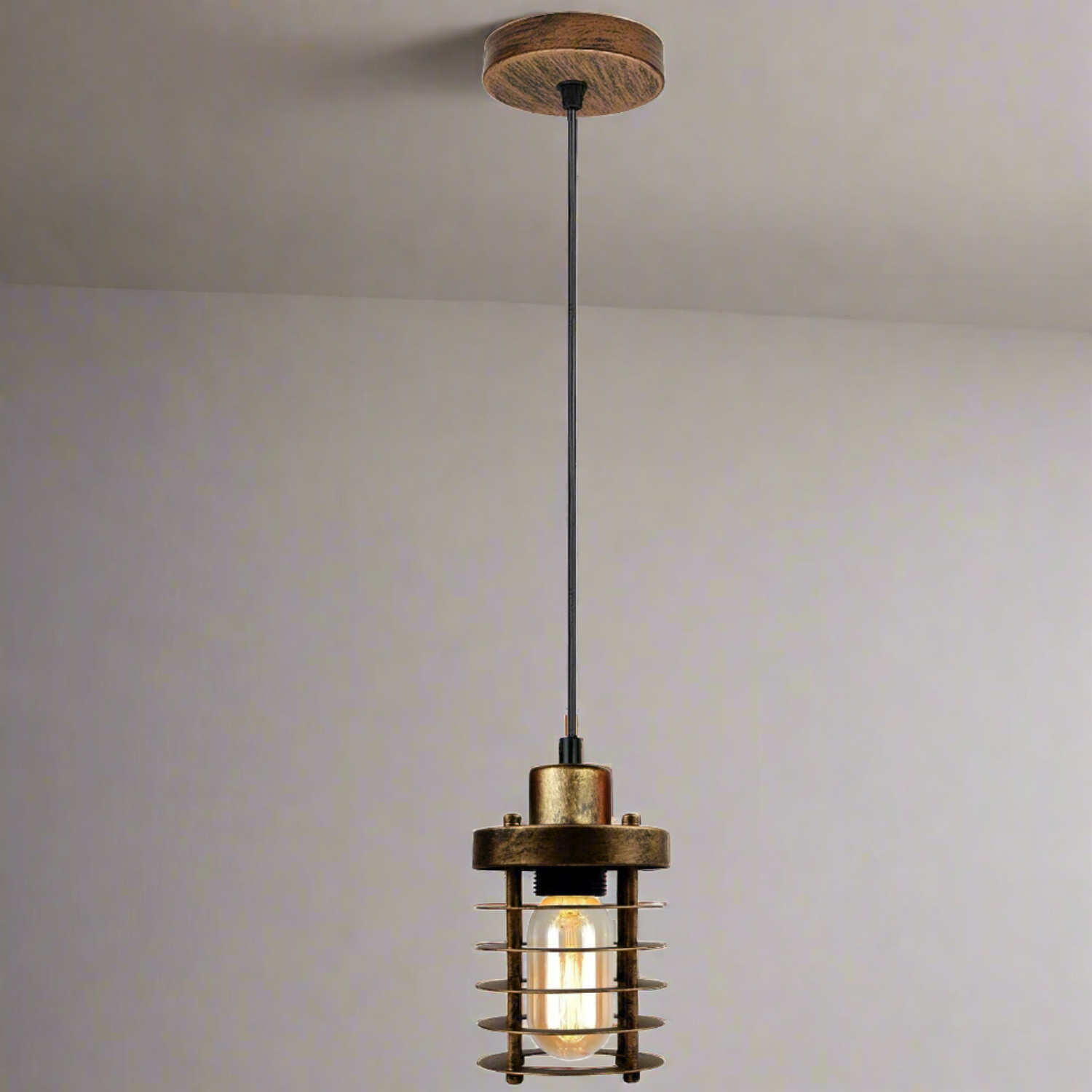 Modern Industrial Brushed Copper Cage Pendant Light, Adjustable Cord, Loft Style