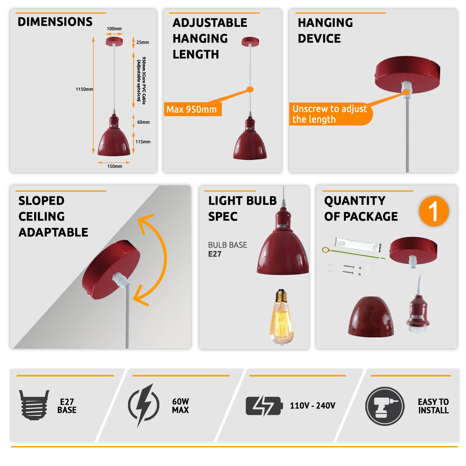 Colorful Industrial Vintage Adjustable Pendant Light, E27 Base, Dimmable, Home Decor