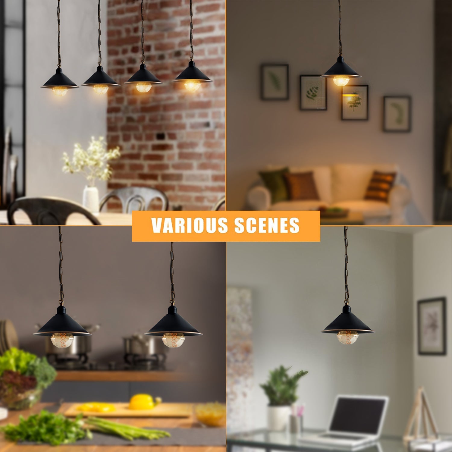 Vintage Black Metal Cone Pendant Light Fixture with Adjustable Chain, Dimmable E27