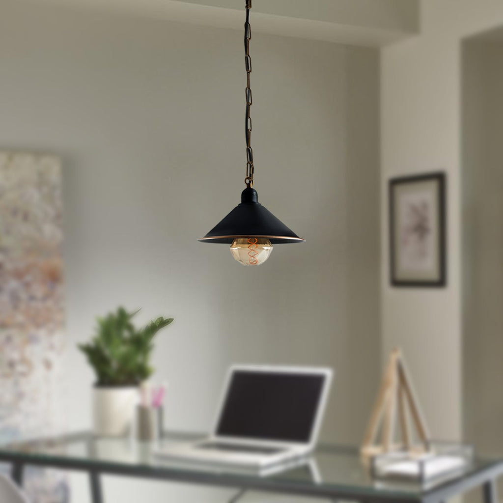 Vintage Black Metal Cone Pendant Light Fixture with Adjustable Chain, Dimmable E27