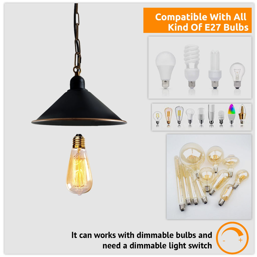 Vintage Black Metal Cone Pendant Light Fixture with Adjustable Chain, Dimmable E27