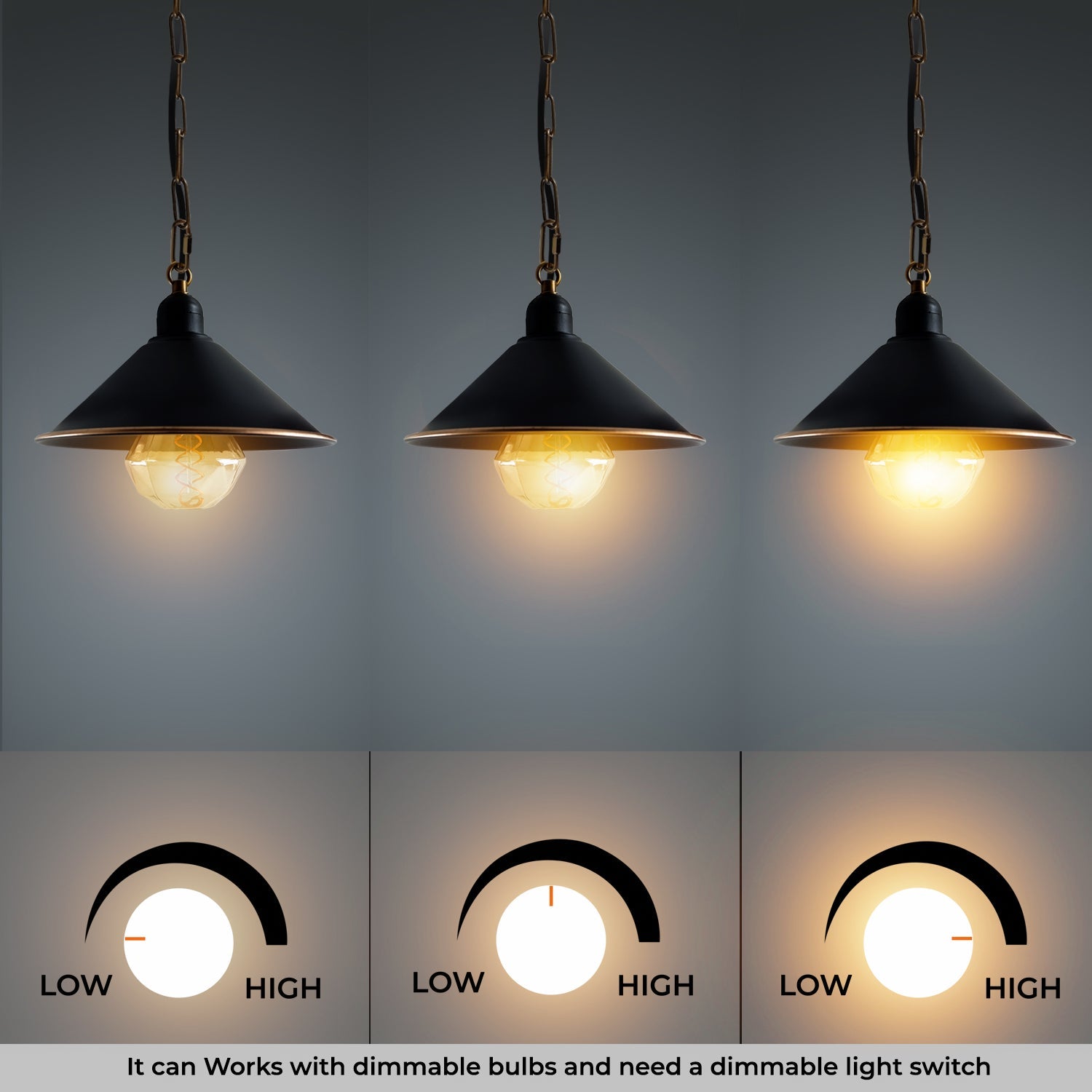 Vintage Black Metal Cone Pendant Light Fixture with Adjustable Chain, Dimmable E27
