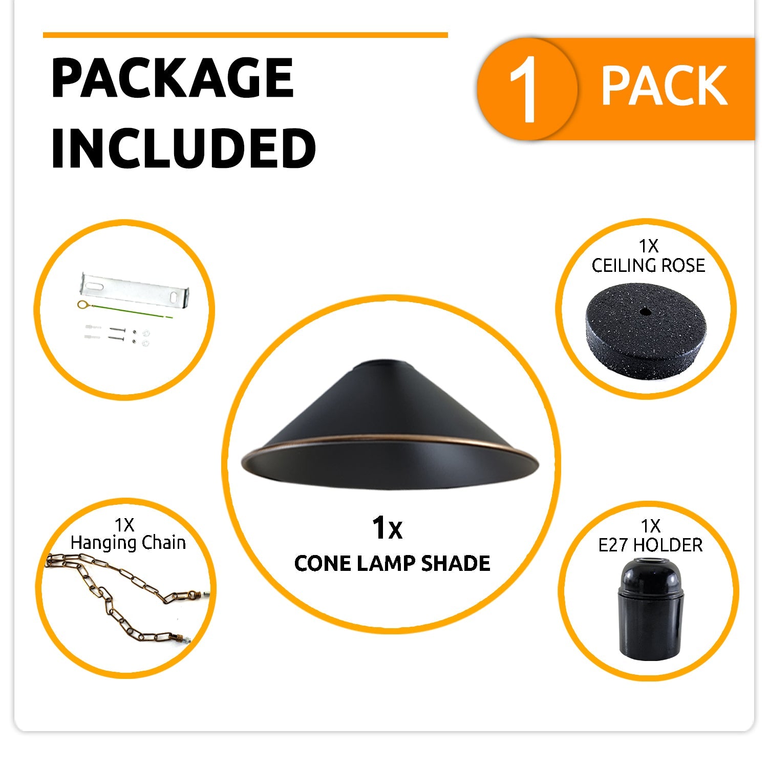 Vintage Black Metal Cone Pendant Light Fixture with Adjustable Chain, Dimmable E27