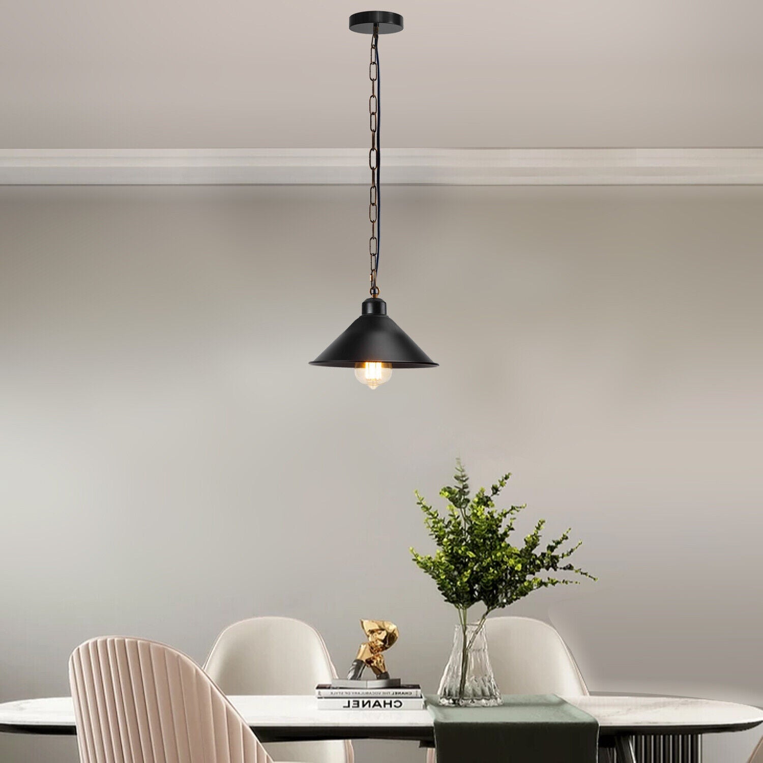 Vintage Black Metal Cone Pendant Light Fixture with Adjustable Chain, Dimmable E27