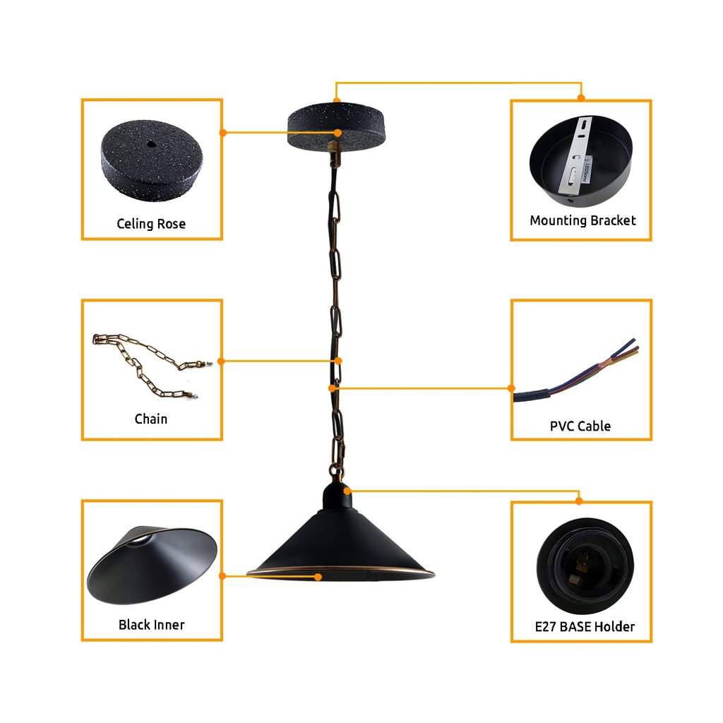 Vintage Black Metal Cone Pendant Light Fixture with Adjustable Chain, Dimmable E27