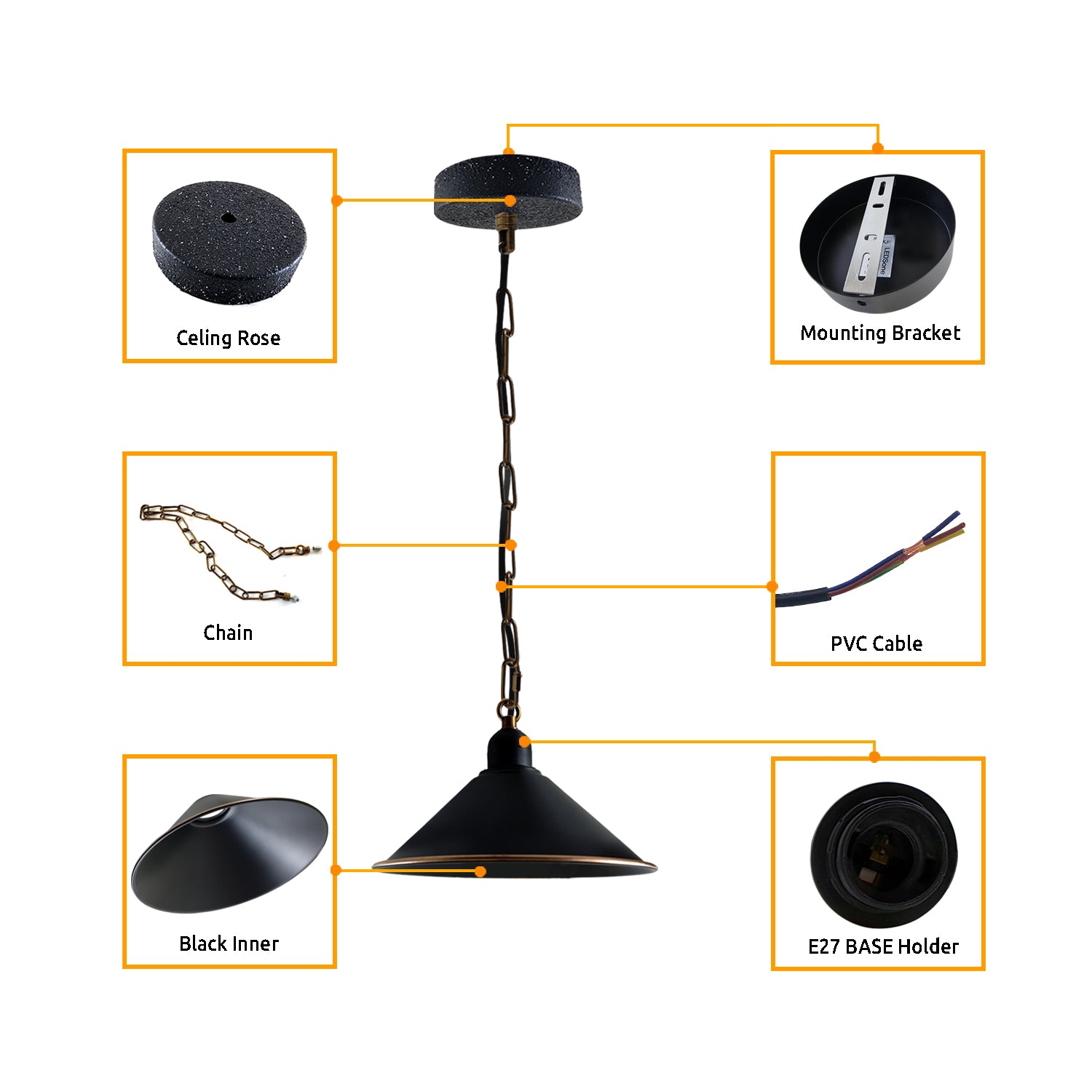 Vintage Black Metal Cone Pendant Light Fixture with Adjustable Chain, Dimmable E27