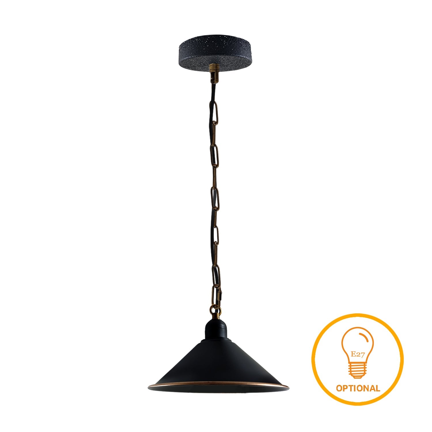 Vintage Black Metal Cone Pendant Light Fixture with Adjustable Chain, Dimmable E27