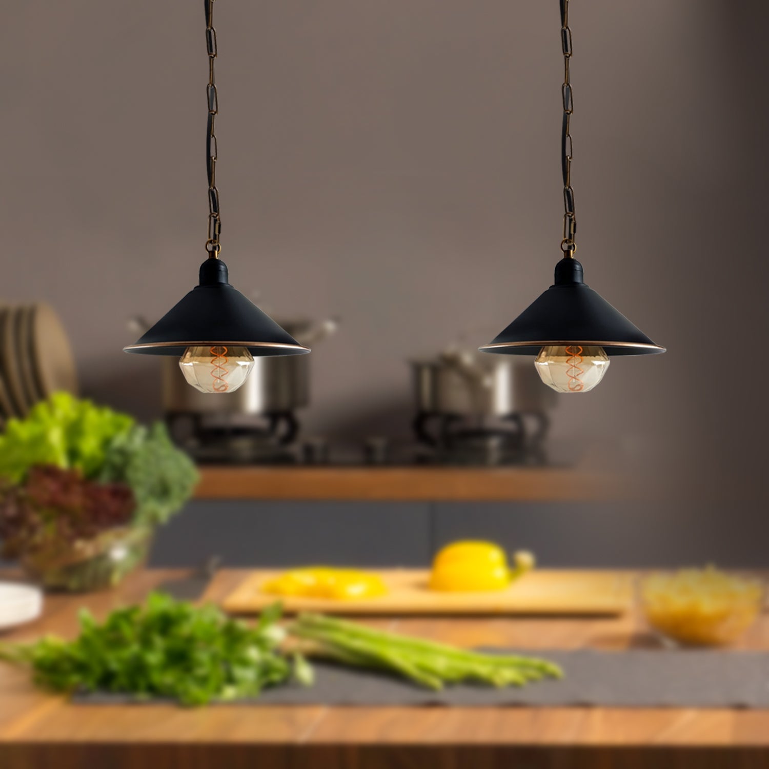 Vintage Black Metal Cone Pendant Light Fixture with Adjustable Chain, Dimmable E27