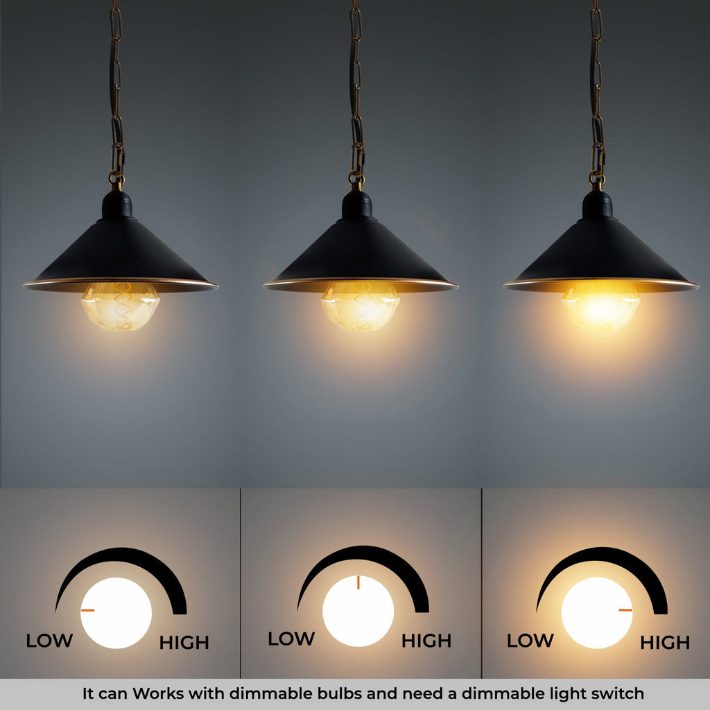 Vintage Black Metal Cone Pendant Light Fixture with Adjustable Chain, Dimmable E27