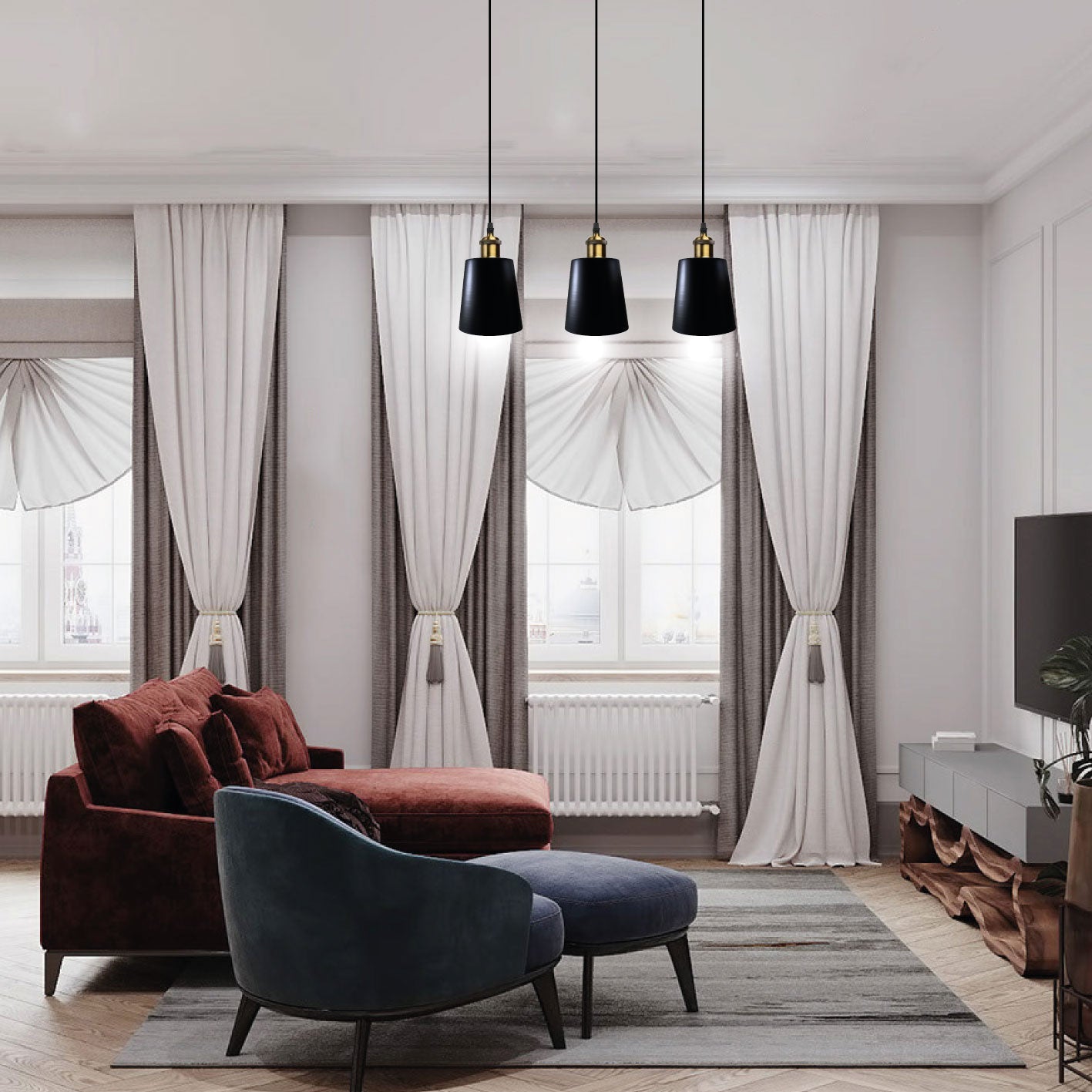 Black 3-Head Industrial Vintage Metal Ceiling Pendant Light Fixture Loft Style
