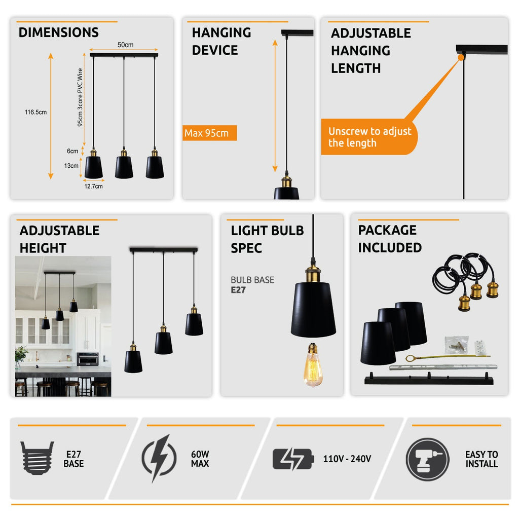 Black 3-Head Industrial Vintage Metal Ceiling Pendant Light Fixture Loft Style