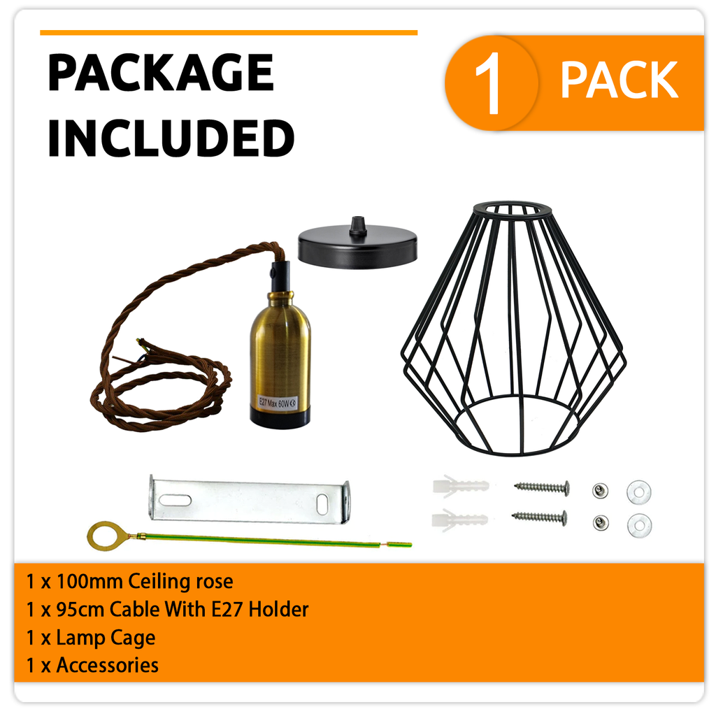 Vintage Retro Industrial Wire Cage E27 Ceiling Pendant Light Fixture Kit