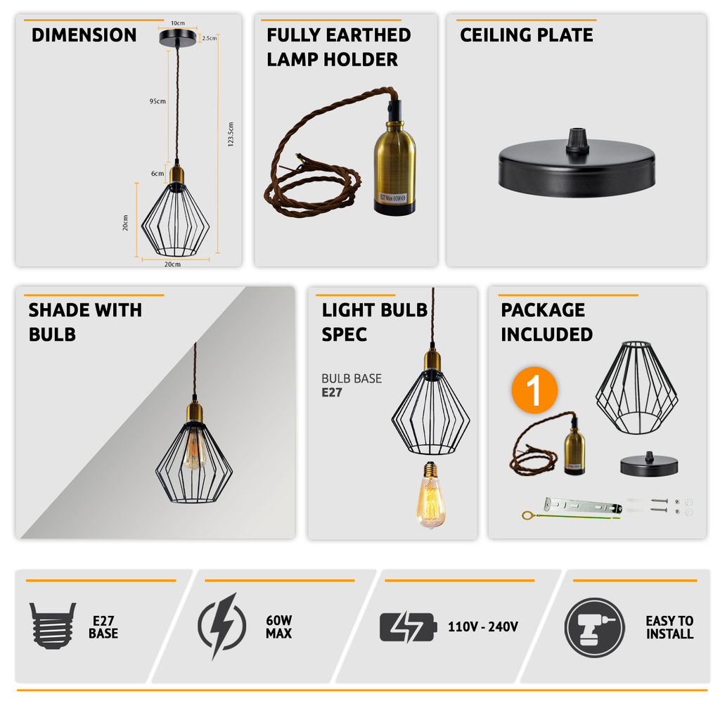 Vintage Retro Industrial Wire Cage E27 Ceiling Pendant Light Fixture Kit
