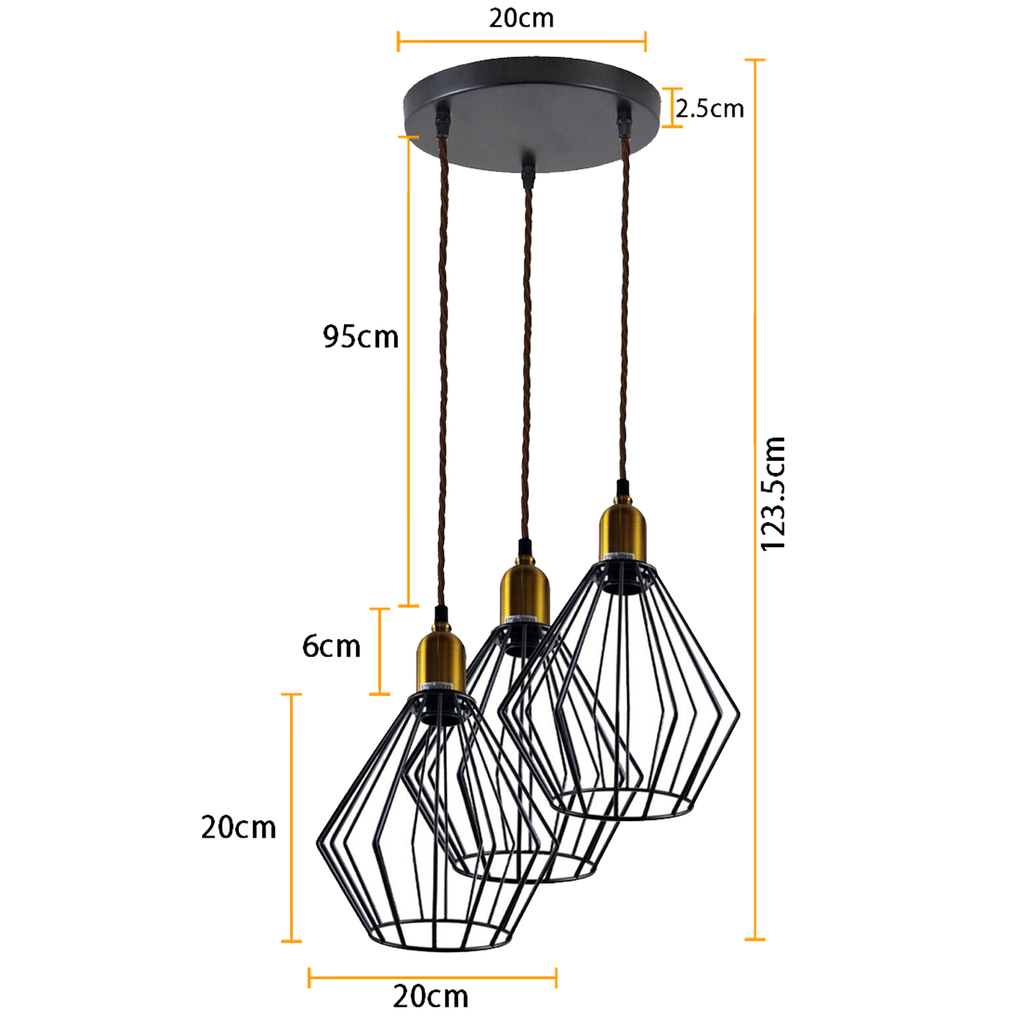 Industrial Vintage Retro 3-Head Round Wire Cage Ceiling Light Fixture