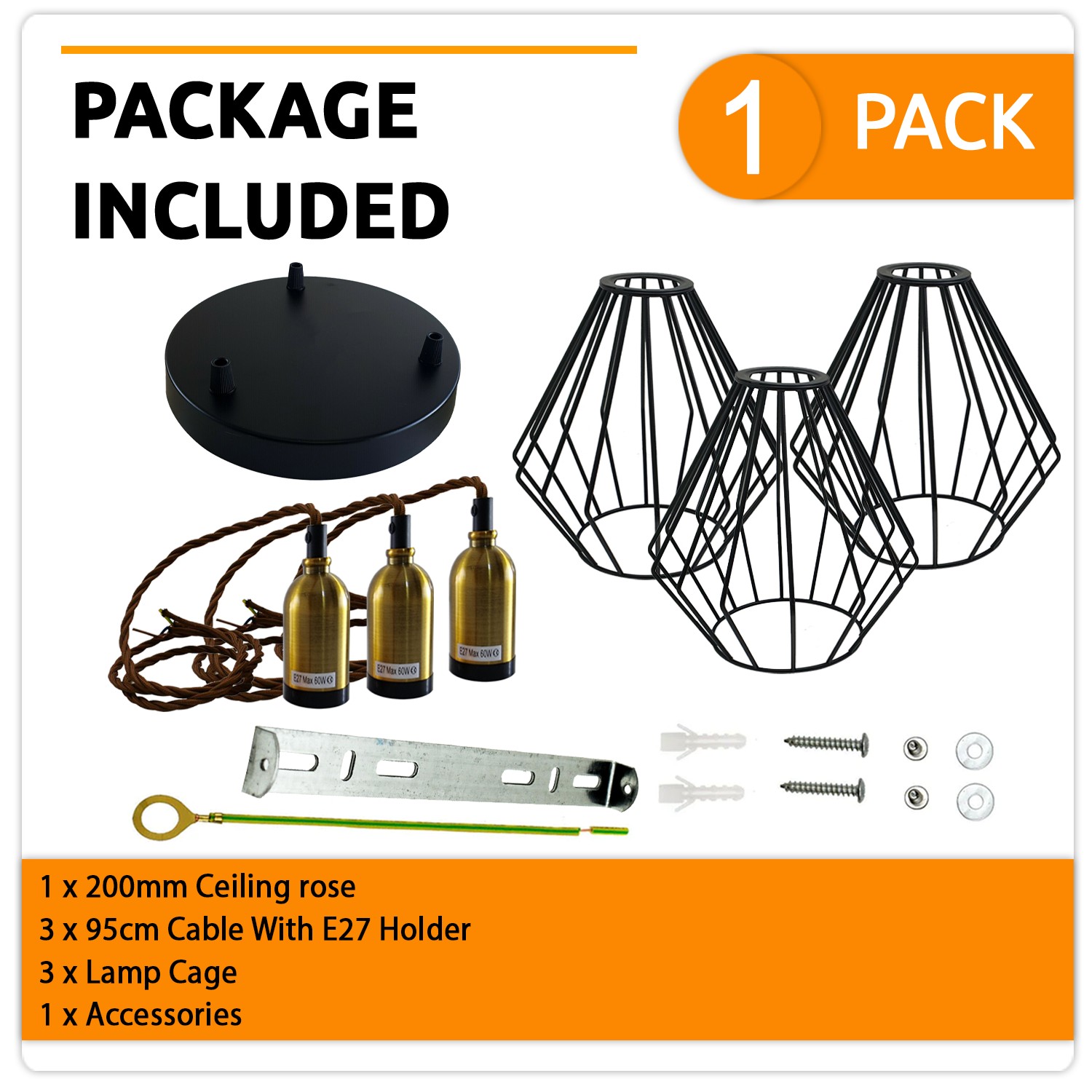 Industrial Vintage Retro 3-Head Round Wire Cage Ceiling Light Fixture