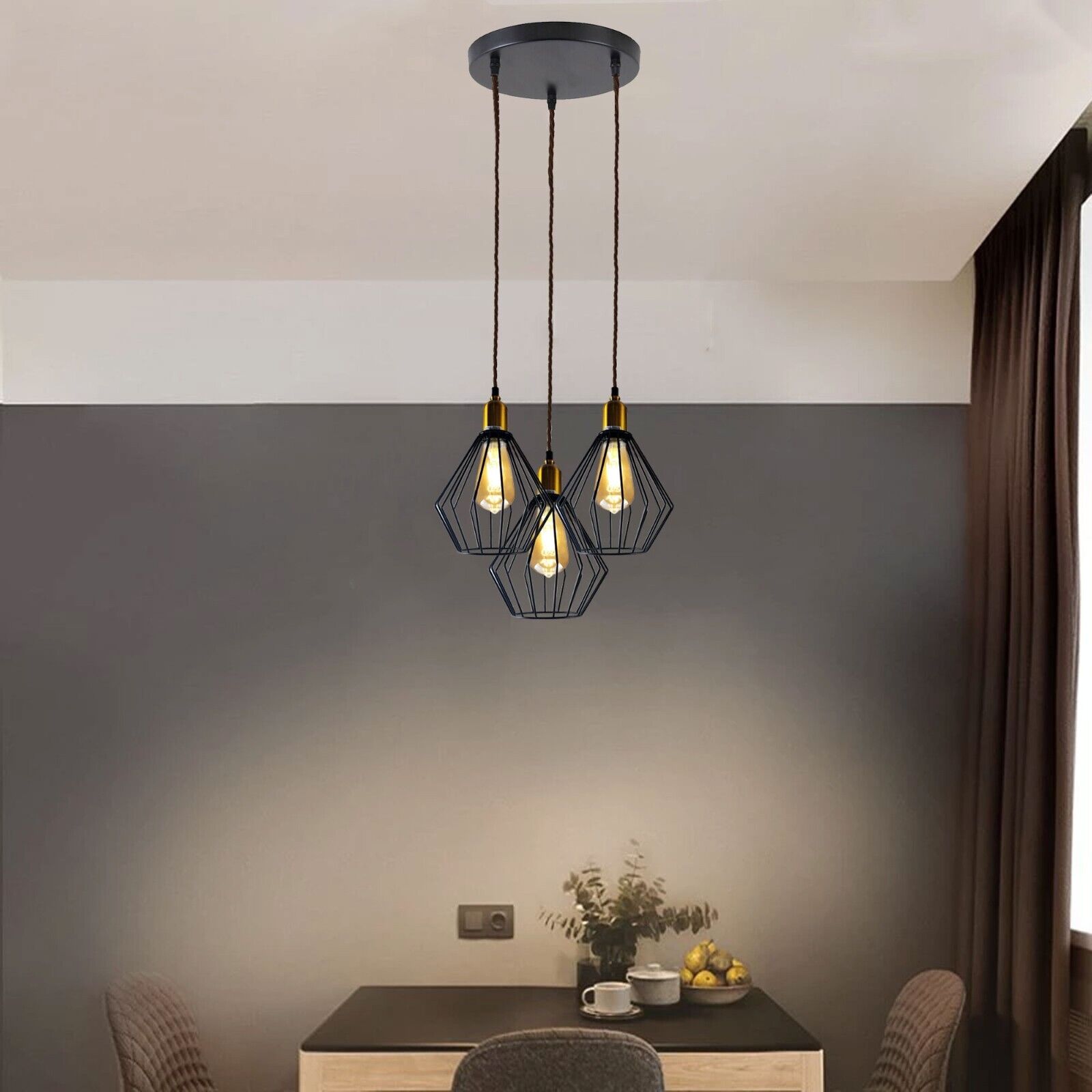 Industrial Vintage Retro 3-Head Round Wire Cage Ceiling Light Fixture
