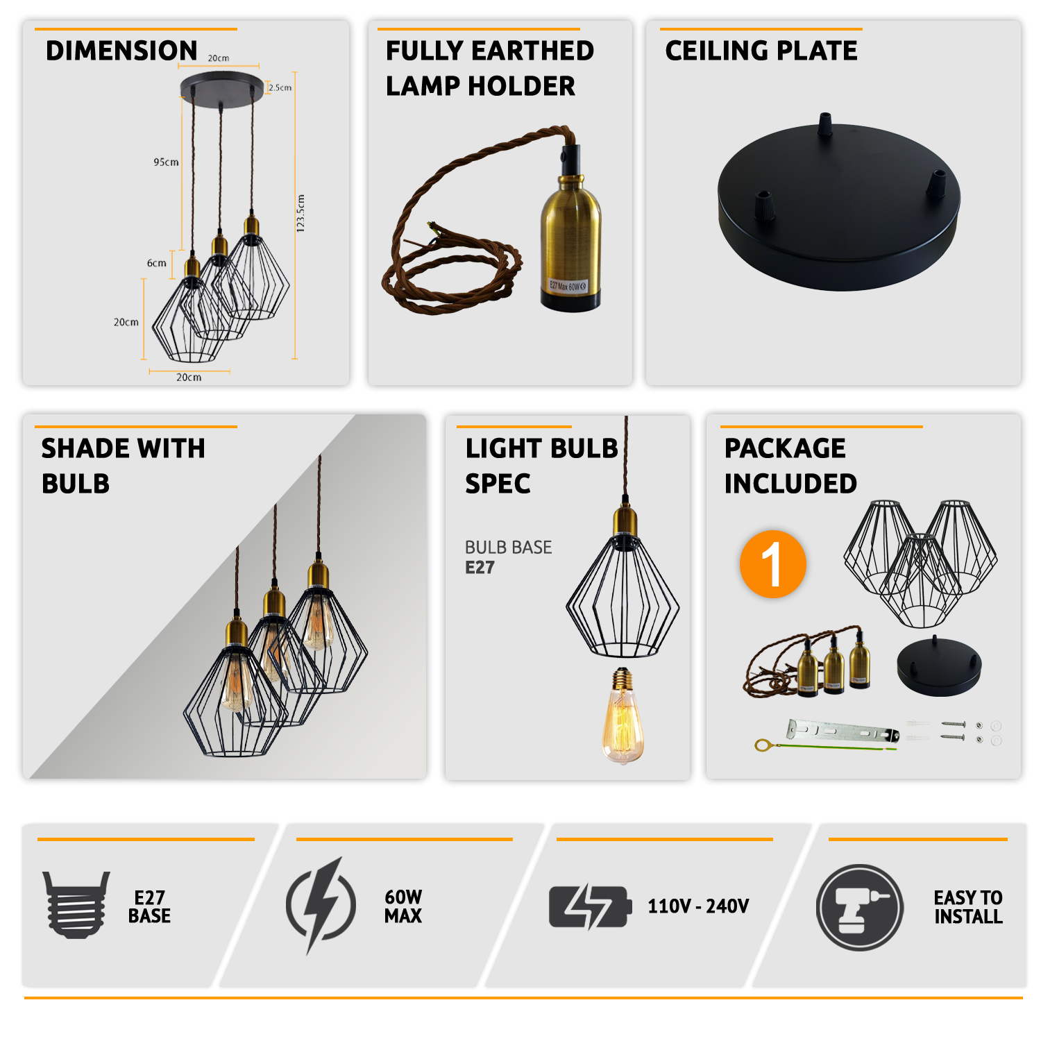 Industrial Vintage Retro 3-Head Round Wire Cage Ceiling Light Fixture