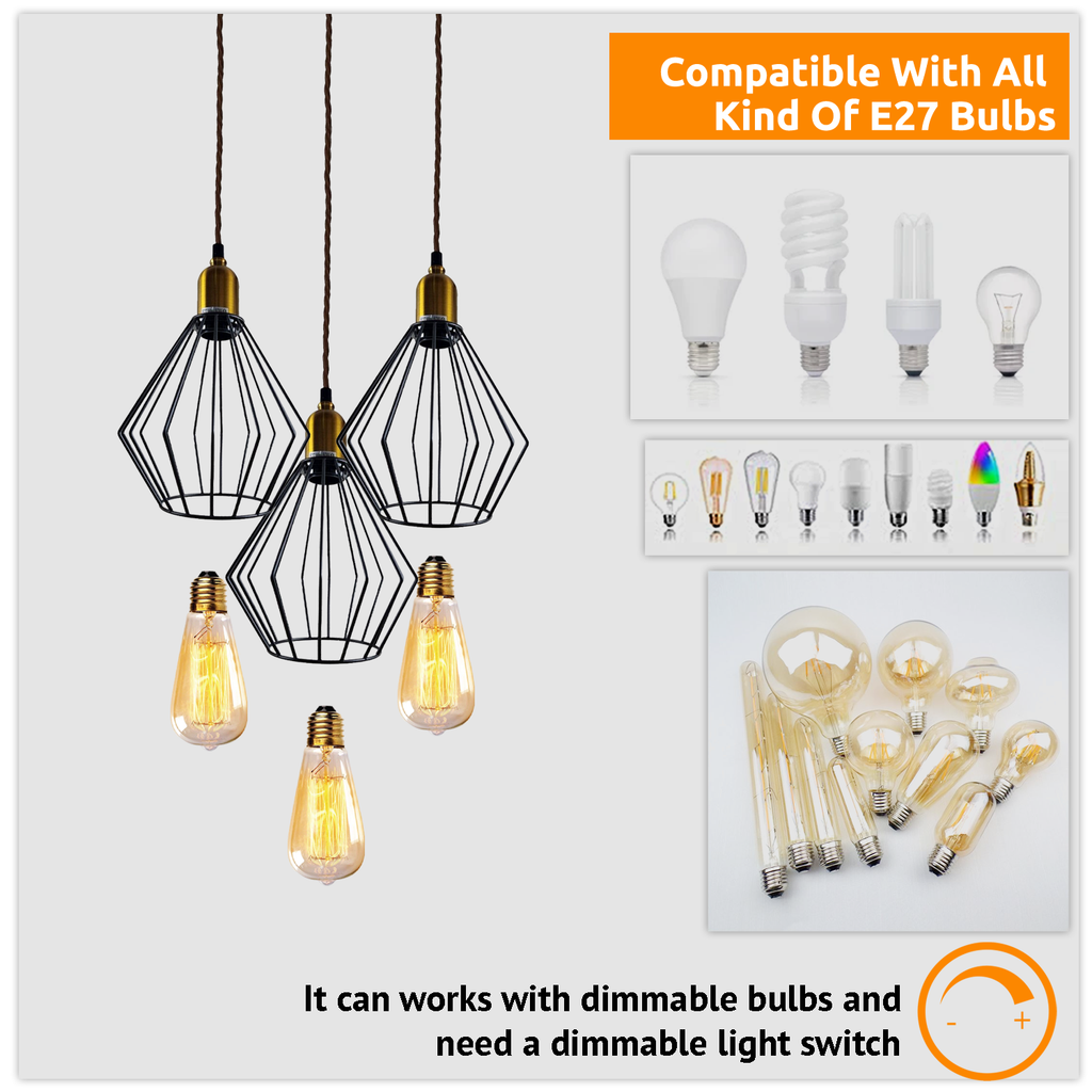 Industrial Vintage Retro 3-Head Round Wire Cage Ceiling Light Fixture