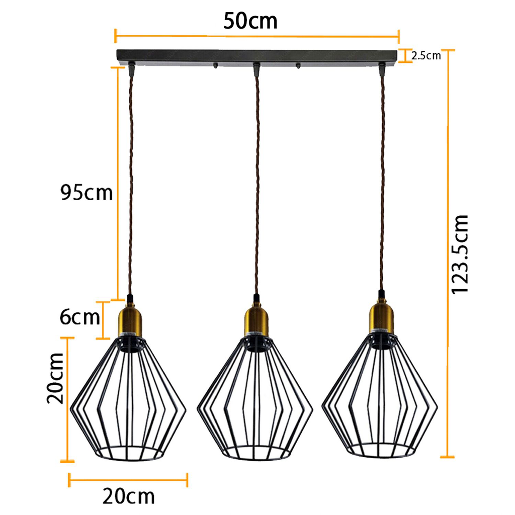 Industrial Vintage Retro 3-Head Wire Cage Ceiling Light E27 Dimmable Fixture