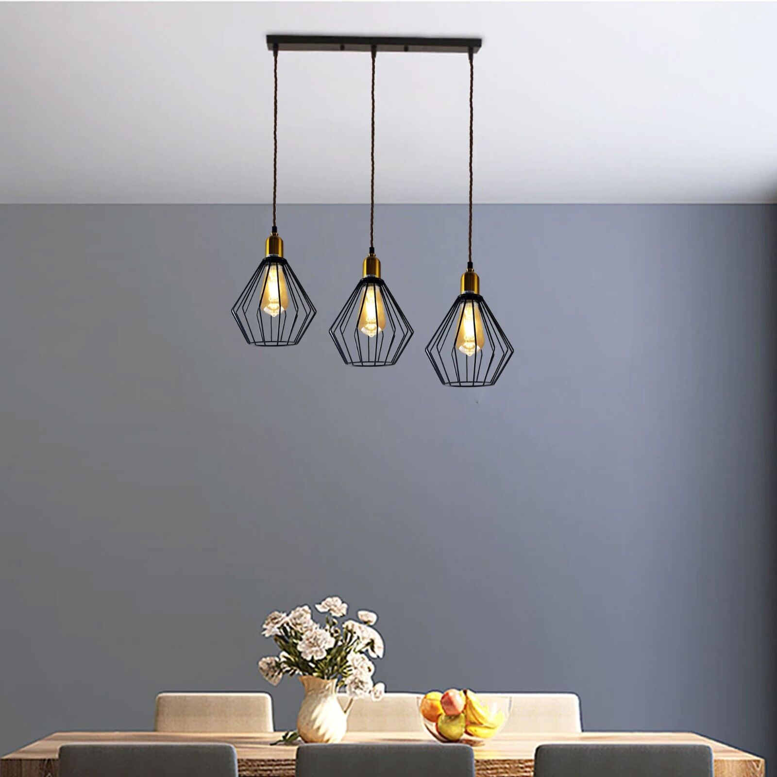 Industrial Vintage Retro 3-Head Wire Cage Ceiling Light E27 Dimmable Fixture