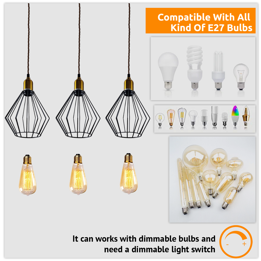 Industrial Vintage Retro 3-Head Wire Cage Ceiling Light E27 Dimmable Fixture