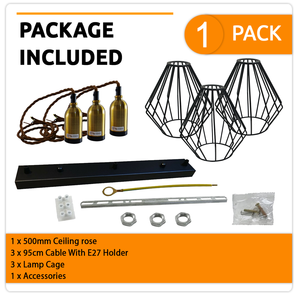 Industrial Vintage Retro 3-Head Wire Cage Ceiling Light E27 Dimmable Fixture